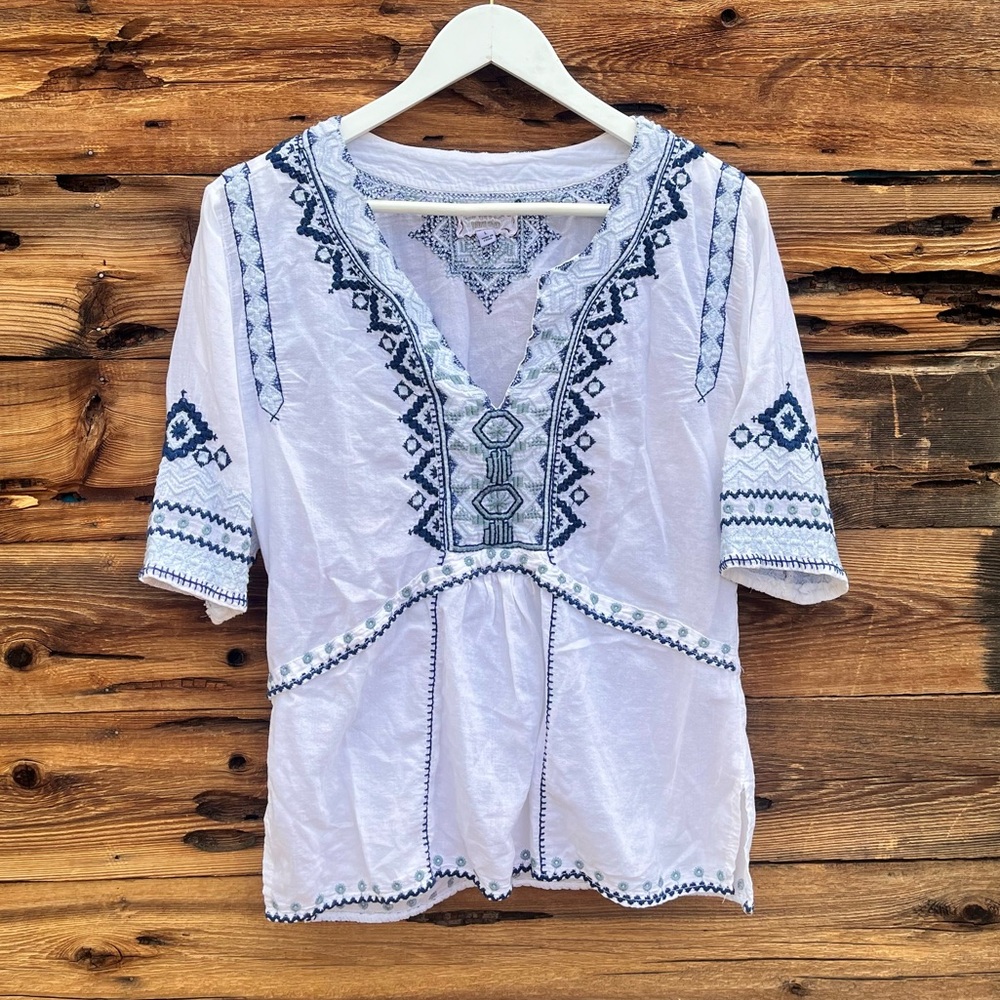 JOHNNY WAS | Workshop White Blue Embroidered Blouse L